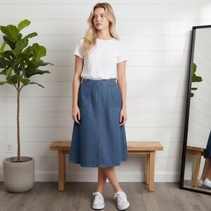 Vintage Levis Denim Wrap Midi Skirt Medium Wash A-Line Front Pocket